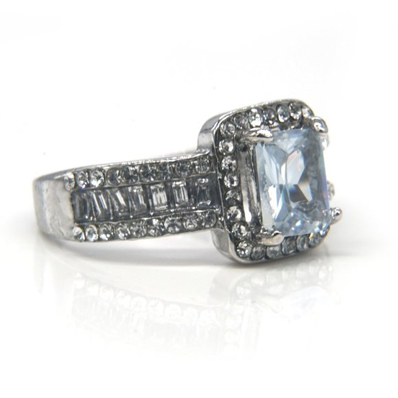 Silver Ring with Baby Blue Rectangular stone with CZ accents. - Picture 3 of 4